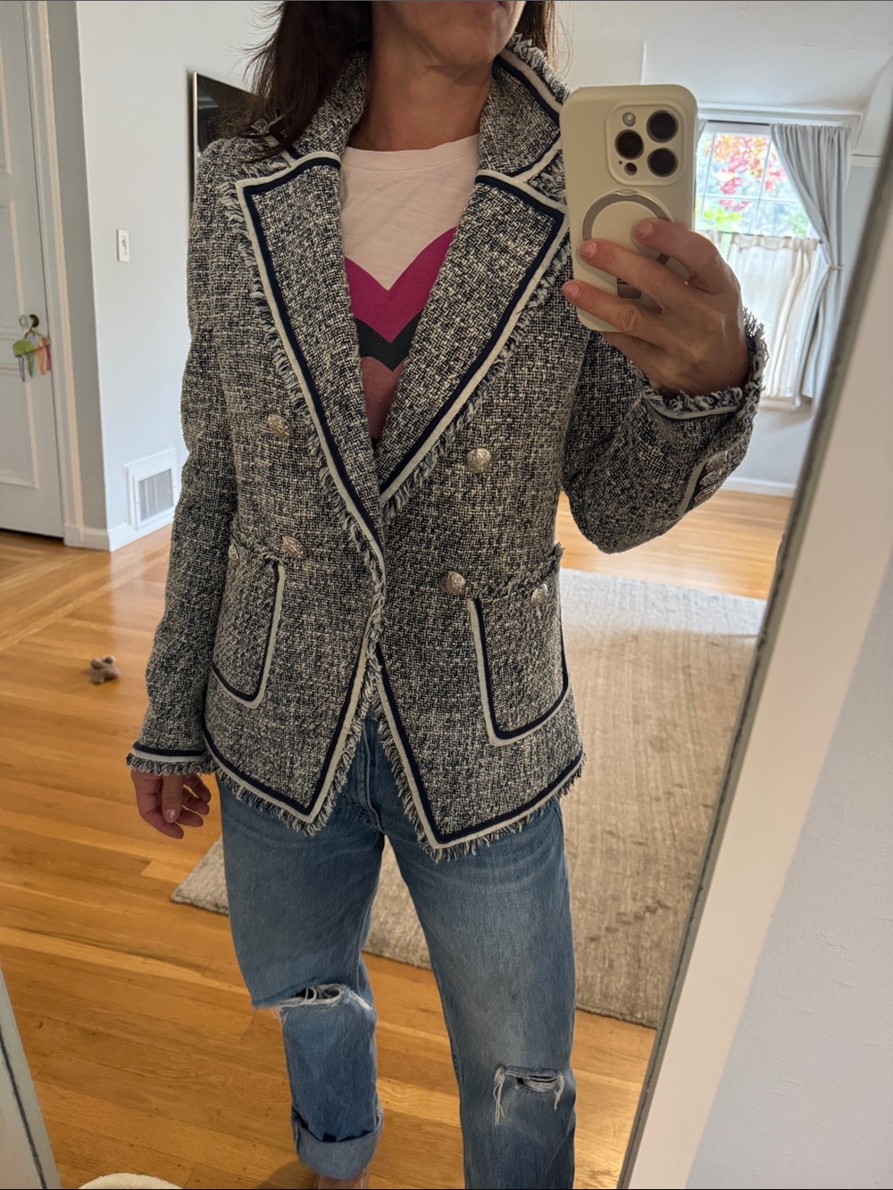 Veronica Beard Black and White Bouclé Double-Breasted Blazer